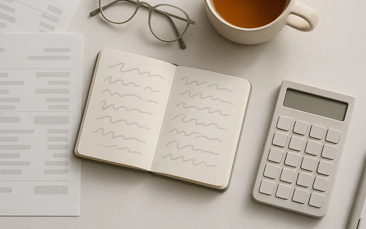 A person reviewing printed bank statements and a notebook on a kitchen table with a cup of tea and a calculator nearby.