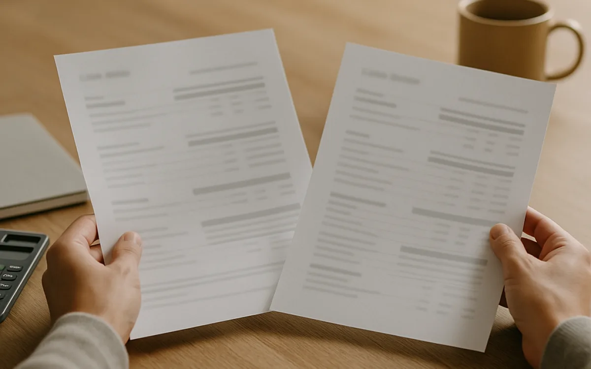 A person comparing two printed loan quotes side by side at a kitchen table with a calculator and a cup of coffee.