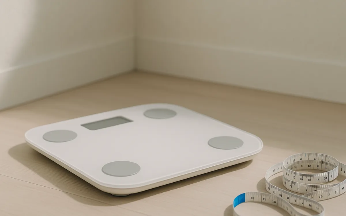 A fabric tape measure lies loosely coiled next to a simple digital scale on a pale wooden floor in soft daylight.
