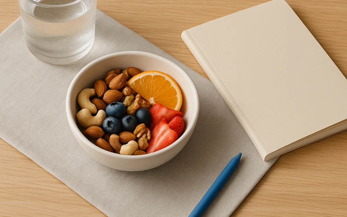 A wooden kitchen counter with a glass of water, a notebook, a pen, and a small bowl of nuts and fruit arranged for meal planning.
