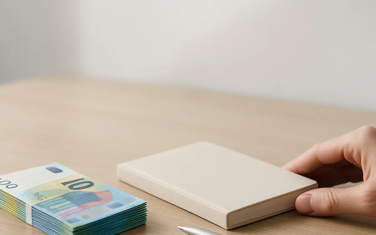 A small stack of euro notes and a household budget notebook on a plain kitchen table, lit by soft morning window light.