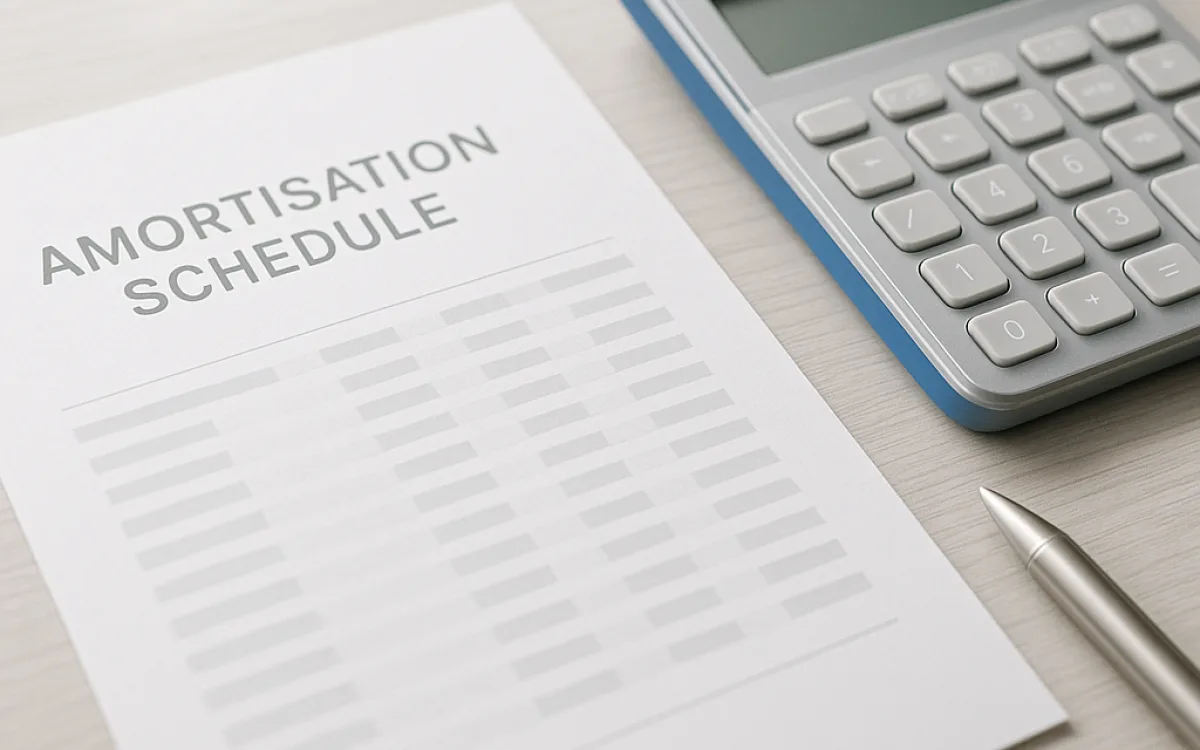 A tidy desk with a tablet showing a repayment schedule, a notepad and a pair of reading glasses under soft natural light.