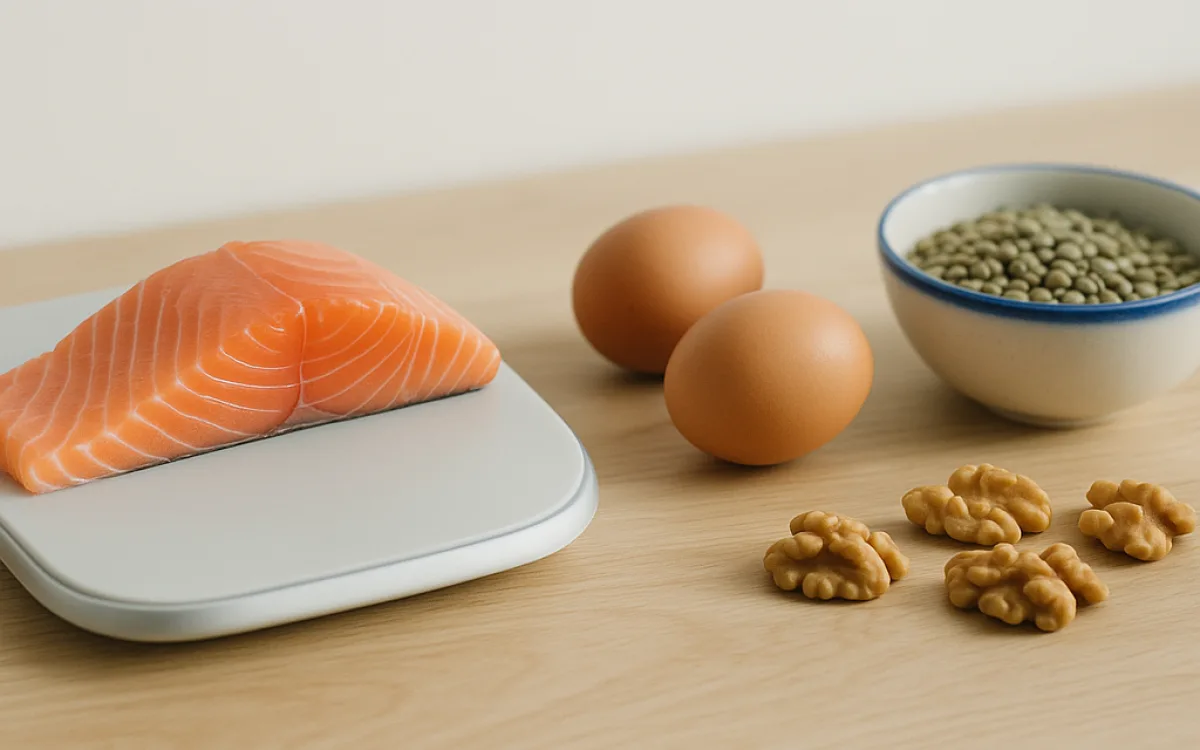 A kitchen scale on a wooden counter with uncooked lentils, eggs and a salmon fillet arranged beside it.