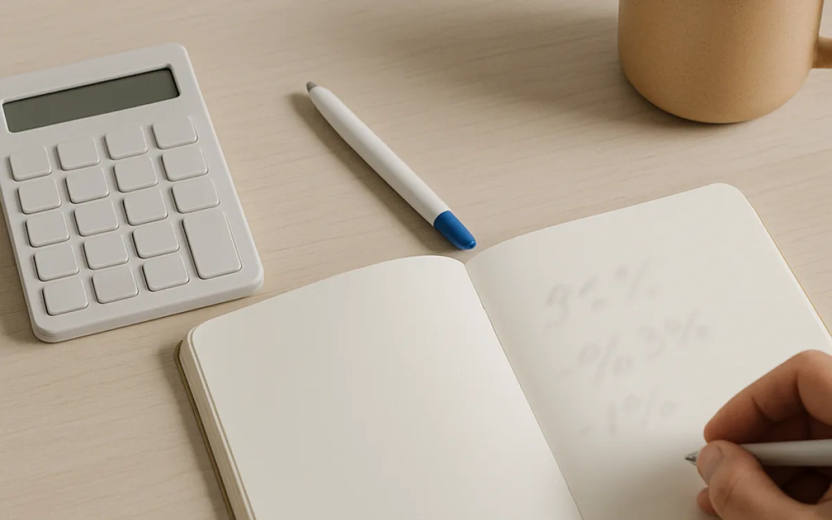 A wooden desk with a notebook, a basic calculator, a pen and a coffee cup, seen from above in soft daylight.