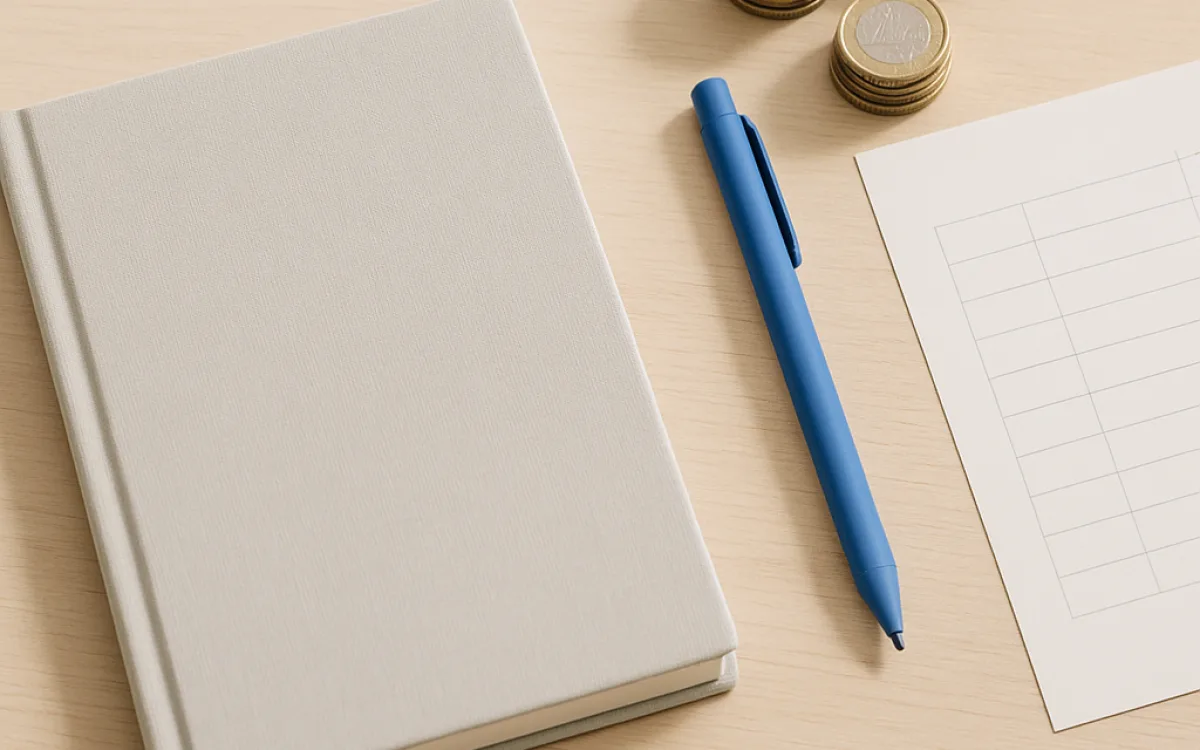 A notebook, pen and small stacks of euro coins arranged on a wooden desk next to a printed savings tracker.