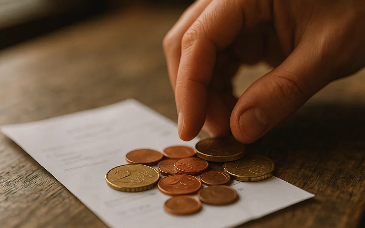 A close-up of folded banknotes and coins left beside a paper restaurant receipt on a wooden table.