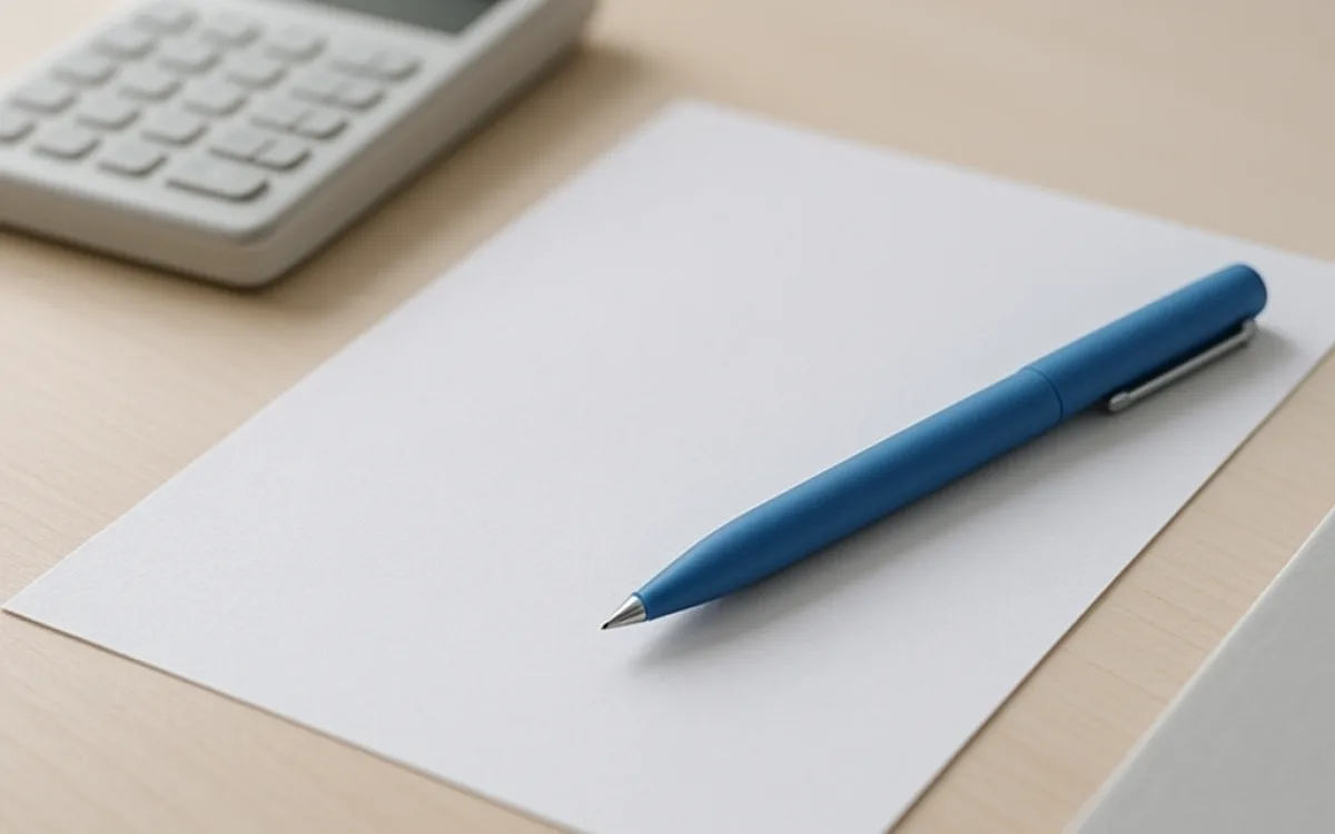 A paper invoice, pen and small calculator on a wooden desk under soft natural light.